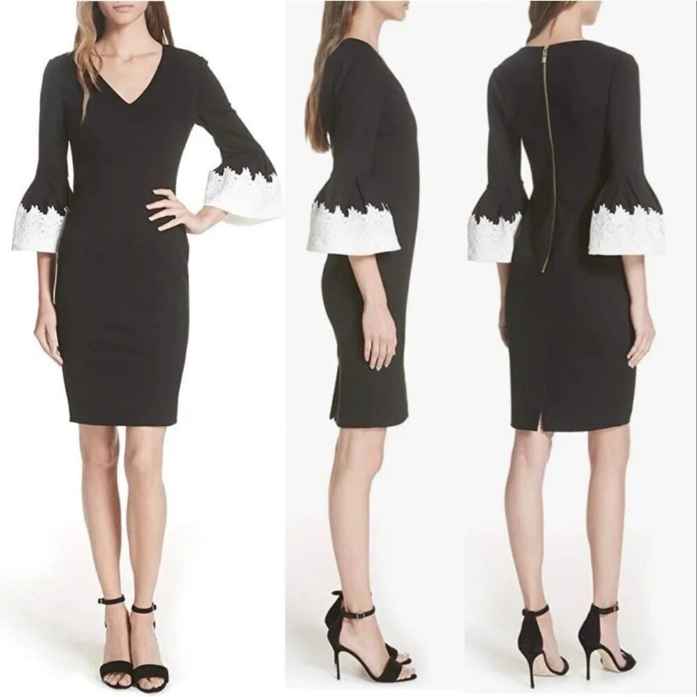 Ted Baker Black White Fluted Embroidery Bell Sleeve Dress Small/Medium